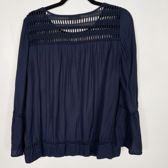 LOFT Navy Blue Medium M Eyelet Detail Long Sleeve Blouse Top Open Work Yoke - Picture 2 of 9